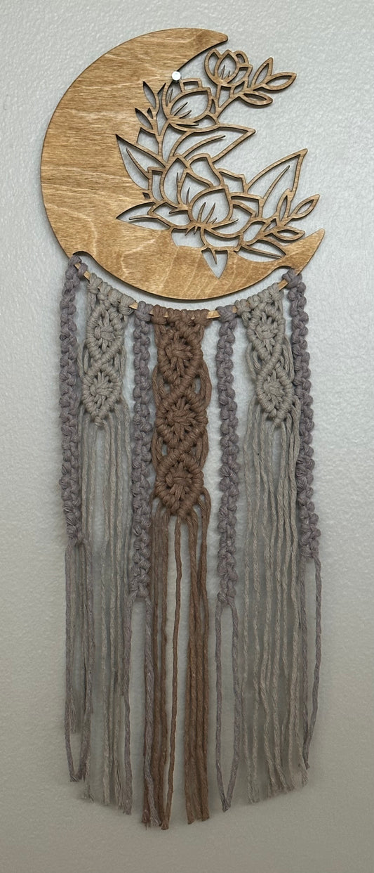 Floral Crescent Moon Macramé Wall Hanging